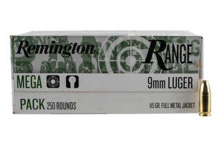 Remington Range 9mm Ammo features 115 grain full metal jacket bullets in a box of 250 rounds